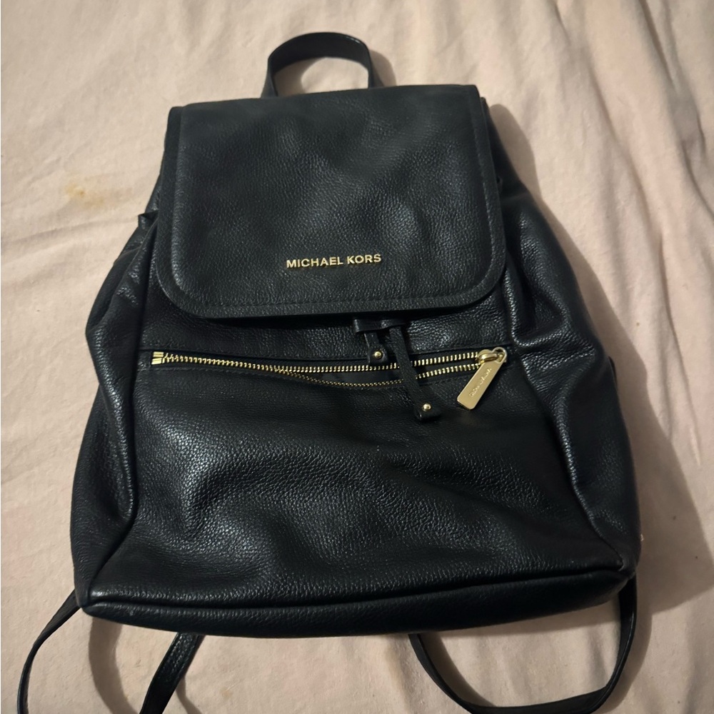 Michael Kors Black Leather Backpack with Gold Accents
